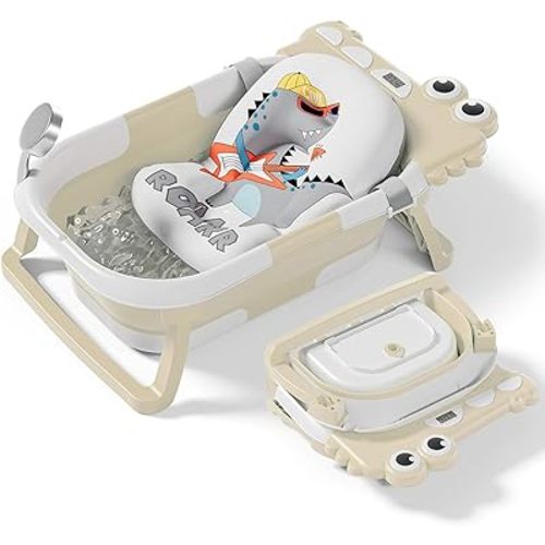 Collapsible Baby Bathtub for Newborn, Alligator Foldable Baby Bath Tub with Thermometer & Soft Floating Cushion & Drain Hole, Portable Travel Infant Bath Tubs for Newborns to Toddlers 0-36 Months Boy