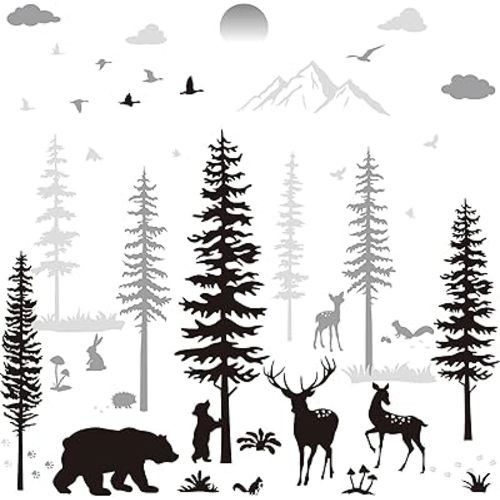 Nursery Wall Decals - Forest, Deers, Bears, Pine Tree Wall Stickers - Mural Art Wallpaper for DIY Children Room Nursery Vinyl Removable Decals (Classic Style)