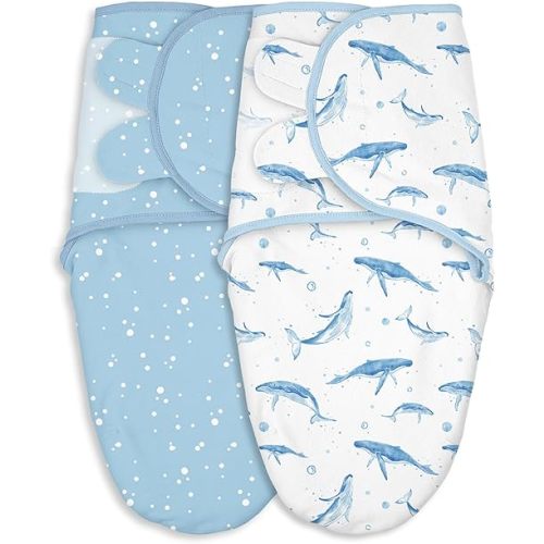 Baby Swaddles for Newborn Organic Cotton,Soft & Snug Newborn Velcro Swaddle 0-3 Months Sleep Sack Helps Calm Startle Reflex, 2-Pack Wrap Nursery Swaddling Blankets Whale