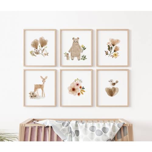 Set of 6, Baby girl Nursery Prints, woodland Nursery Decor, Boho Nursery Decor, Girls gallery wall, bear Nursery Prints, earth nursery art