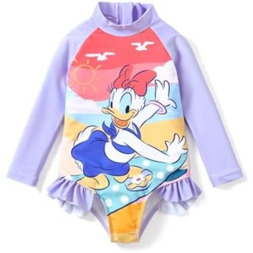 Disney Princess Frozen Elsa Minnie Stitch One Piece Swimsuit Rashguard Bathing Suit UPF 50+Toddler Girl Long Sleeve Swimwear