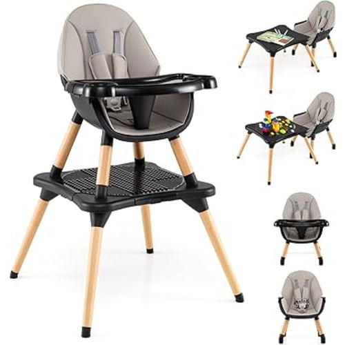 HONEY JOY Baby High Chair, 6-in-1 Convertible Wooden Highchair for Babies and Toddlers/Table Set/Toddler Chair with Safety Harness, 4-Position Removable Feeding Tray (Black)