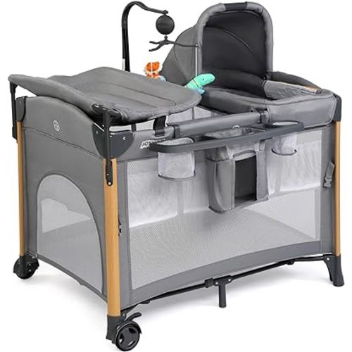 JOYMOR 7 in 1 Bedside Bassinet with Changing Table, All in One Nursery Center, Bedside Sleeper with Mattress, Sheet, Canopy, Storage Shelf and Hanging Toy,Gray