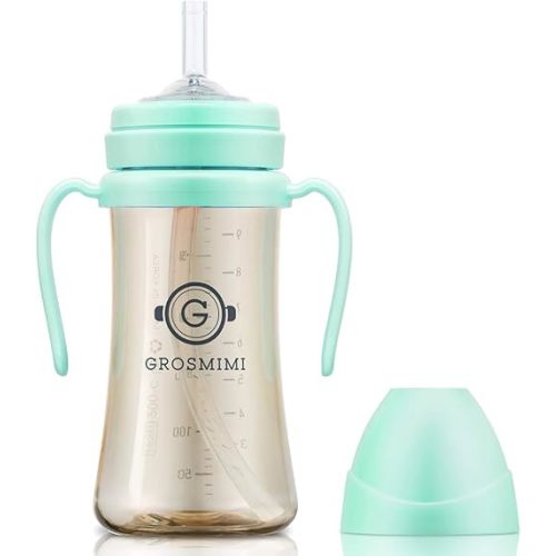 GROSMIMI Spill Proof no Spill Magic Sippy Cup with Straw with Handle for Baby and Toddlers, Customizable, PPSU, BPA Free 10 oz (Aqua green)