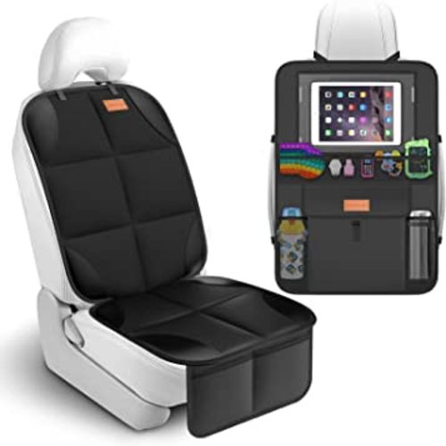 Backseat Car Organizer Kick Mat with Storage Pockets, Large Waterproof Baby Car Seat Protector for Leather and Fabric (Black)