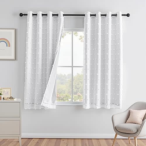 MEETSKY White Blackout Curtains for Bedroom 63 Inches Long Total Light Blocking Drapes for Nursery/Kids/Girls Room 2 Panels Grommet 100% Room Darkening Short Curtains with Pom Pom,52 x 63 Inch