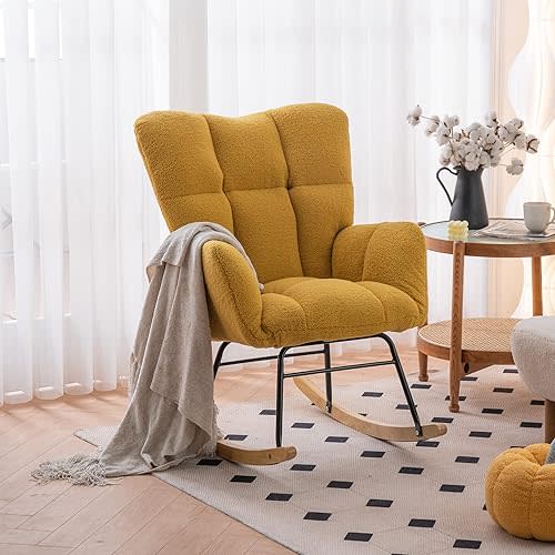 Comfy Rocking Chair, Cozy Teddy Fabric Glider Rocker Chair for Nursery, Modern Accent Rocking Armchair for Bedroom Living Room(Yellow)