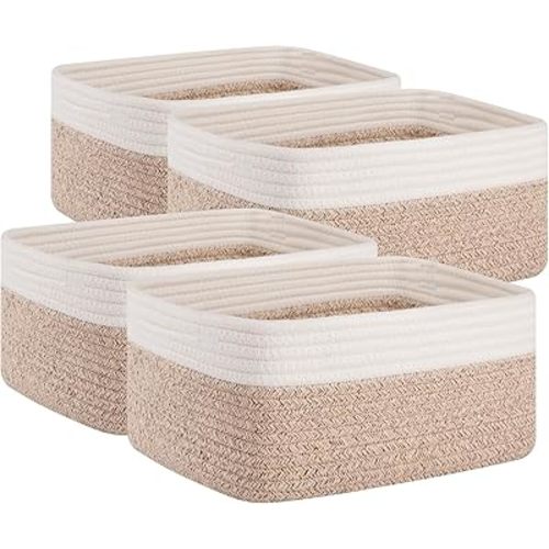 OIAHOMY 4 Pack Storage Baskets for Organizing, Small Bins for Shelves, Cute Decorative Storage Bins, Organizer Baskets for Gifts Empty, 14.2''Lx11''Wx6.3''H, Brown/White