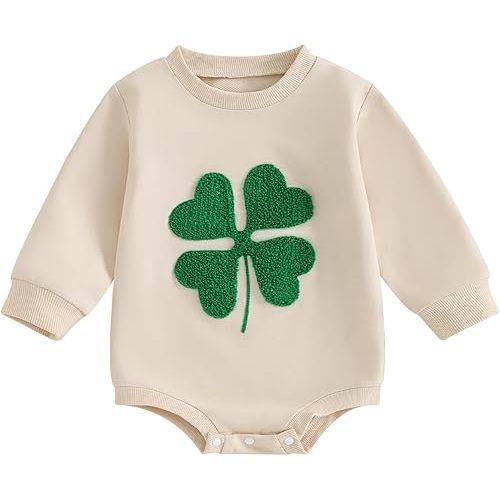 Newborn Baby Boy Girl St. Patrick's Day Outfit Clover Embroidery Sweatshirt Romper Oversized Long Sleeve Onesie Top