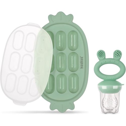 Haakaa Baby Fruit Food Feeder & Silicone Freezer Nibble Tray Combo - Breastmilk Popsicle Mold for Baby Cooling Relief, BPA Free Baby Mesh Food Feeder for Infant Self Feeding - Pea Green