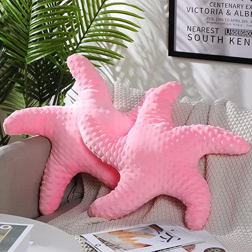 Fumete Starfish Pillows Beach Coastal Room Decor Ocean Themed Star Shaped Throw 20'' Cute Pillows Starfish Stuffed Animal Plush for Bedroom Living Room Sofa Couch(Pink,2 Pcs)
