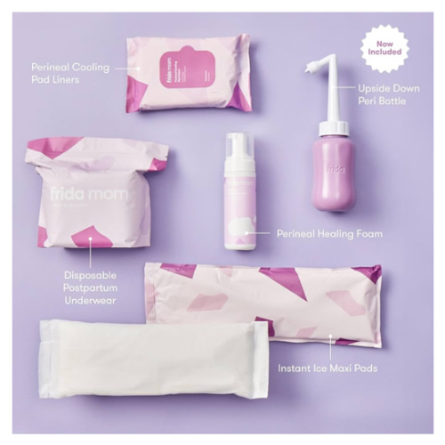 Frida Mom 11pc Postpartum Essentials Kit Gift Set, Hospital Bag Must Haves for New Mom, Includes 4 Disposable Postpartum Underwear, 4 Ice Maxi Pads, Perineal Healing Foam & 24 Pad Liners & Peri Bottle
