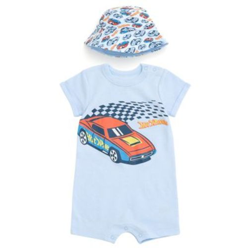 Hot Wheels Newborn Baby Boys Romper and Bucket Sun Hat Outfit Set Pastel Blue Newborn
