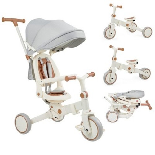 7 in 1 Baby Tricycle, Foldable Toddler Tricycle with Removable and Adjustable Parent Handle, Color: Brown