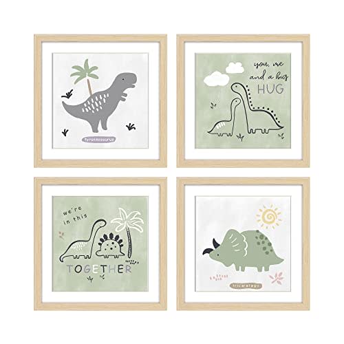 ArtbyHannah 4 Pack 10x10 Inch Framed Baby Nursery Wall Art Decor with Green and Gray Decorative Adorable Dinosaurs Art Prints for Kids Bedroom, Playroom, Nursery Room Decoration