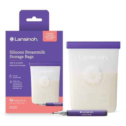 Lansinoh Silicone Breastmilk Storage Bags, 8 Ounce, 5 Count | Reusable and Leakproof with Double Seal, Dishwasher & Sterilizer Safe, BPA/BPS Free, Designed to Handle Freezing and Warming