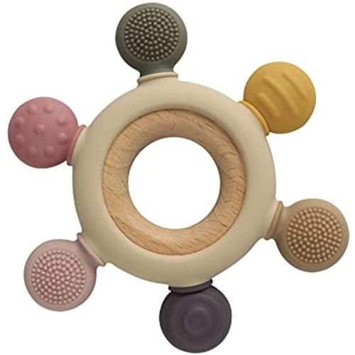 Arudyo Baby Teething Toys Silicone Teethers BPA Free Silicone Rudder with Wooden Ring Soothe Babies Gums (Khaki)