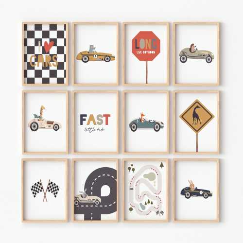 Animals and Racing Cars Gallery Wall Art Boys Nursery Print, Fast Little Dude, Minimalist, Baby Boy Room, Poster, Driving Cars Printable