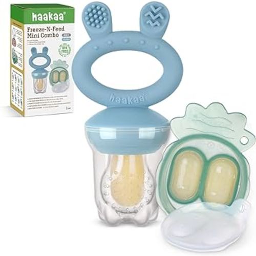 Haakaa Baby Fruit Food Feeder & Mini Freezer Nibble Tray Combo, Breastmilk Popsicle Molds for Baby Cooling Relief, BPA Free Silicone Feeder for Safe Infant Self Feeding, 4 Month+ (Sky Blue)