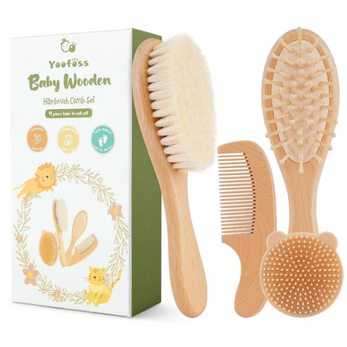 Yoofoss 4 Piece Baby Brush and Comb Set, Wooden Baby Brush with Natural Ultra Soft Goat Hair, Baby Hair Brush for Newborn, Baby Brush Set for Boy Girl