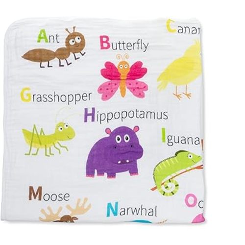 Dream Everything Blanket - 100% Muslin Cotton - Oversized 47 inches x 47 inches - Premium 4 Layer Blanket (Alphabet)