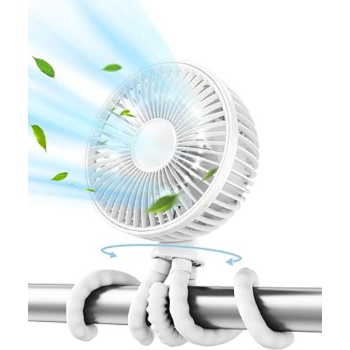 Gaiatop Oscillating Baby Stroller Fan, LED Night Light 4 Speeds Rechargeable 360° Rotate Clip On, Battery Operated Small Portable Cooling Fans for Car Seat Crib Treadmill Travel White