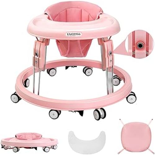 Baby Walker with Wheels, One-Touch Folding Baby Walkers, 7-Speed Height Adjustment with Large Dinner Plate, Anti-Roll 8-Wheel with Brake for 6-18 Months Baby, Full Pink