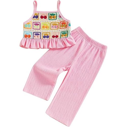 Baby Girl Outfits Crocheted Ruffled Camisole And Elastic Pants Set 6 12 18 24 Months 2 3 4 T
