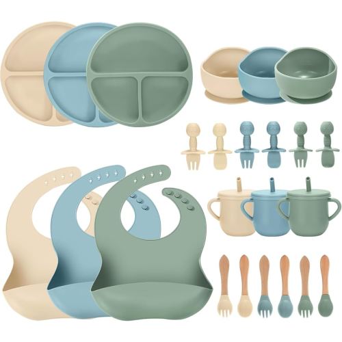 24 PCS Silicone Baby Feeding Set, Baby Led Weaning Supplies Includes Suction Bowls and Divided Plates, Adjustable Silicone Bib, Spoons&forks, Training cup with straw (Green+Blue+Beige)
