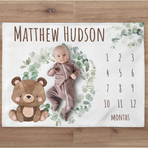 Bear Milestone Blanket, Custom Woodland Blanket, Personalized Greenery Baby Boy Month Blanket, Newborn Gift, Woodland Baby Shower Gift