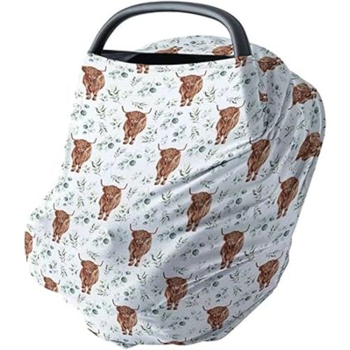 HawSkgFub Highland Cow Eucalyptus Leaf 5-in-1 Car Seat Cover for Baby Boy Cow Lover Gift, Western Cowboy Privacy Breastfeeding Nursing Cover, Newborn Infant Multi-use Carseat Canopy Carrier