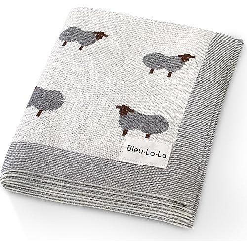 Luxury Cotton Knit Swaddle Baby Blanket - Soft Cozy Lightweight Unisex Receiving Swaddler Crib Stroller Quilt Blanket for Shower Gift Registry for Newborns Infants Toddlers (Sheep - Ivory)