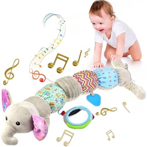 Musical Stuffed Animal Toys for 0-3-6-12 Months, Soft Sensory Caterpillar Toys with Crinkle and Rattles, Infant Tummy Time Toys Gifts for Newborn Boys Girls (Elephant)