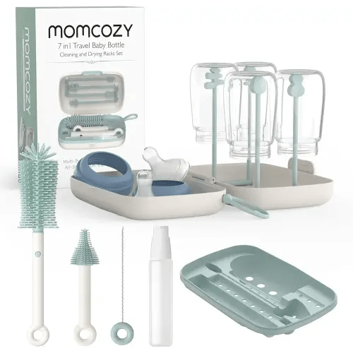 Momcozy Bottle Brush Set - Baby Bottle Cleaner Kit with Silicone Brush, Nipple Brush, Straw Brush, Soap Dispenser, Drying Rack - 7 in 1 Bottle Cleaning Tool for Home and Travel