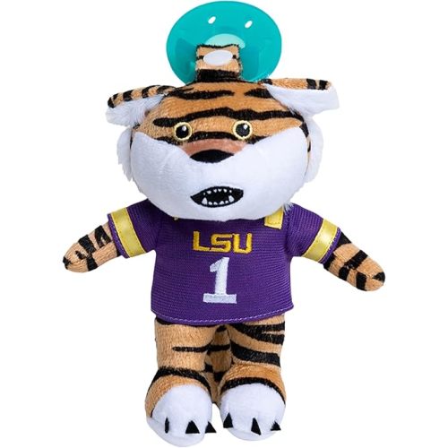 Baby Boy and Girl Silicone Pacifier with College Mascot Stuffed Toy Plush, Collegiately Licensed, Mike The Tiger, LSU University