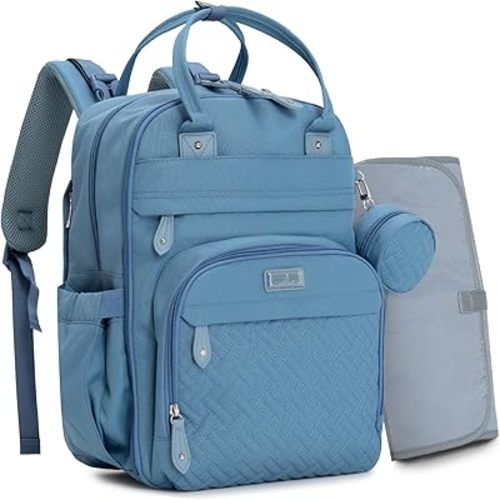 BabbleRoo Diaper Bag Backpack - Baby Essentials Travel Tote - Multi function Waterproof Diaper Bag, Travel Essentials Baby Bag with Changing Pad, Stroller Straps & Pacifier Case - Unisex, Light Blue