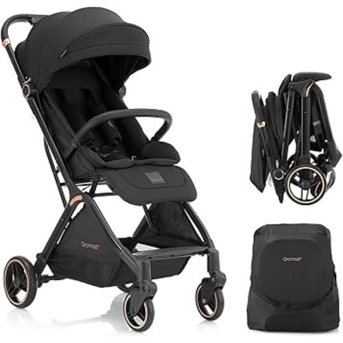 Gravity Folding Baby Stroller - Portable Travel Toddler Stroller w/Adjustable Backrest & Canopy, Cup Holder, Lightweight and UV Protected, One-Hand Automatic Folding - Black