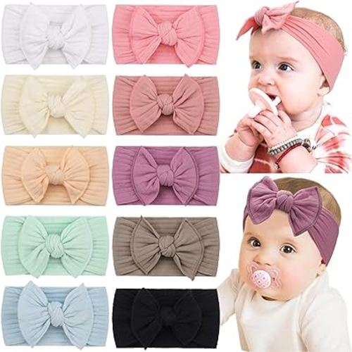 CÉLLOT 10 Colors Super Stretchy Soft Knot Baby Girl Headbands with Hair Bows Nylon Head Wrap For Newborn Baby Girls Infants Toddlers Kids