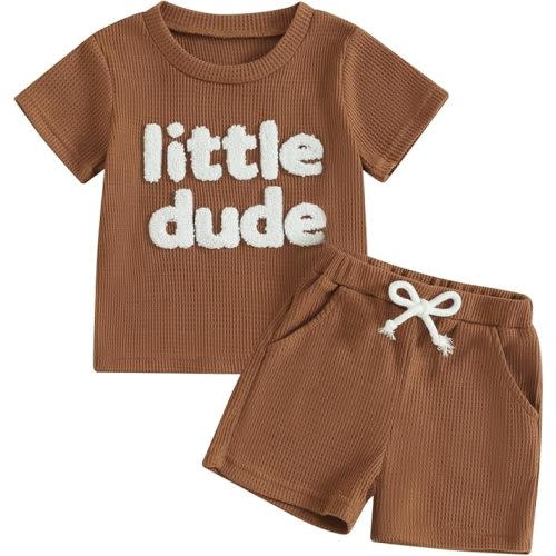 Kupretty Toddler Baby Boy Summer Clothes Embroiderey Waffle Knit Short Sleeve T-Shirt Tees + Casual Shorts Cute Clothing Set