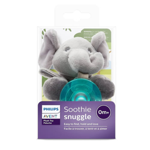 Philips AVENT Soothie Snuggle Pacifier Holder with Detachable Pacifier, 0m+, Elephant, SCF347/03- 1 Count (Pack of 1)