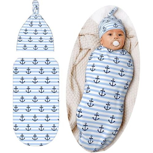Striped Anchor Baby Stuff Swaddle Blanket Hat Set For Boys Girls, Soft Newborn Swaddle Sack Receiving Blanket Outfit Infant Shower Gift