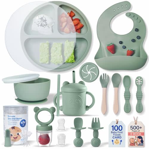 Remonda 23-Piece BPA-Free Silicone Baby Feeding Set | Extra Large Suction Plates, Toddler Bowls, Self Feeding Spoons, and More | Dishwasher Safe| Baby Led Weaning Supplies (Green)01