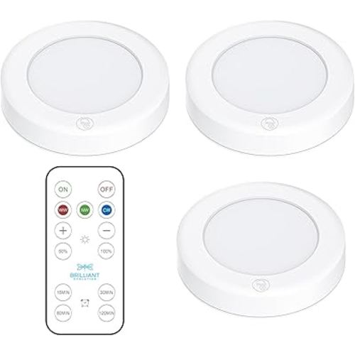 Brilliant Evolution Wireless LED Puck Lights with Remote Control, 3 Pack - Under Cabinet, Closet Light - Battery Powered - Under Counter Lighting - Stick On Lights - Under Counter Lights