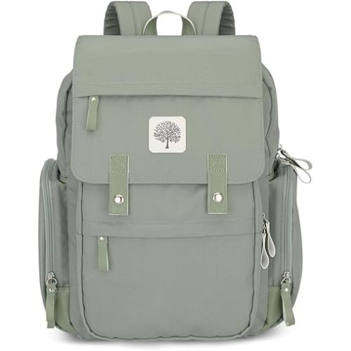Parker Baby Diaper Backpack - Large Diaper Bag with Insulated Pockets, Stroller Straps and Changing Pad -"Birch Bag" - Sage Green