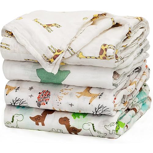 upsimples Baby Swaddle Blanket Unisex Swaddles Wrap Soft Silky Muslin Neutral Receiving Blankets for Boys and Girls, Large 47 x 47 inches, Set of 4 - Fox/Elephant/Giraffe/Dinosaur