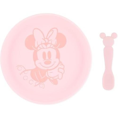 Bumkins Disney Baby and Toddler Plate and Spoon Set, Silicone Dish for Babies and Kids, Baby Led Weaning, Children Feeding Supplies, Microwave Safe, Platinum Silicone, Ages 6 Months Up, Minnie Mouse
