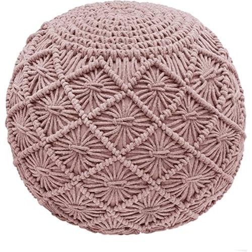 COTTON CRAFT Macrame Braided Pouf - Ottoman Footrest Bean Bag - Knitted Cotton Cord Comfortable Round Dori Pouf - Prefilled Stuffed Boho Modern Accent Seat - Nursery Bedroom Dorm - 20x14 inches - Pink