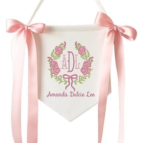 Embroidered Baby Name Sign Personalized Baby Announcement Sign Newborn Baby Banner with Bows Baby Hospital Name Sign Canvas Hanging Pennant Flag Custom Infant Baby Name Baby Shower Banner (05)