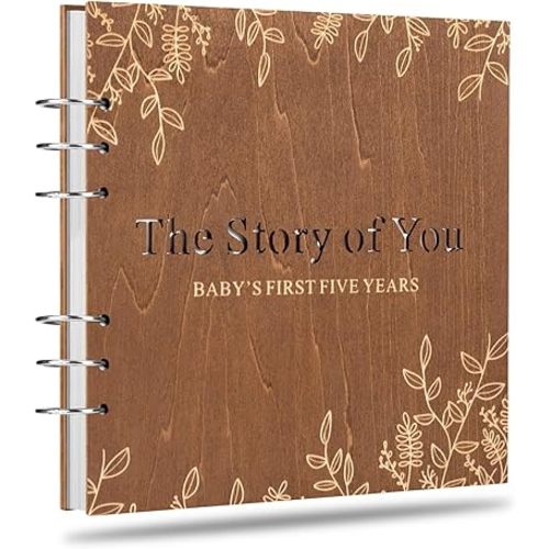 Wooden Keepsake Baby Memory Book Boys & Girls, First 5 Years Baby Book Journal Memory Album Photo Book, Gender Neutral Baby Milestone Scrapbook from Pregnancy to Age 5, Keepsake Gift for New Parents