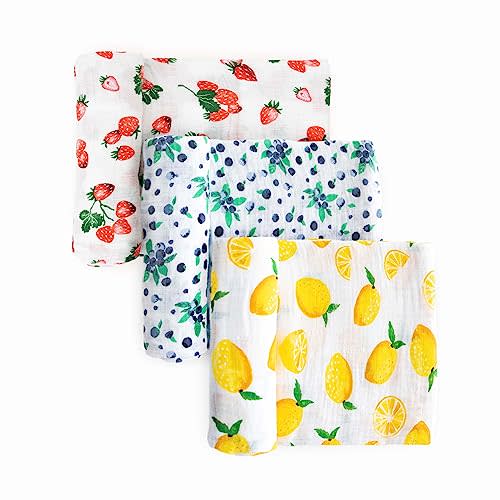 Little Unicorn Cotton Muslin Swaddle Blanket Set | Set of 3 | 100% Cotton | Super Soft | Newborns and Infants | Large 47” x 47” | Machine Washable (Berry Lemonade)